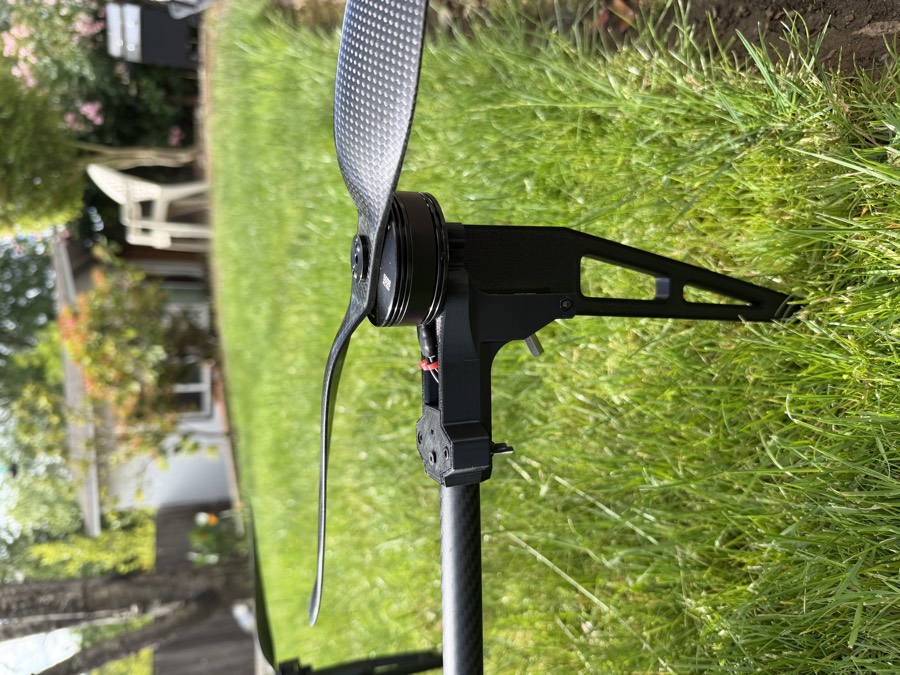 The 3D printed motor mount at the end of an Aegis arm, carrying the motor, propeller, and landing leg