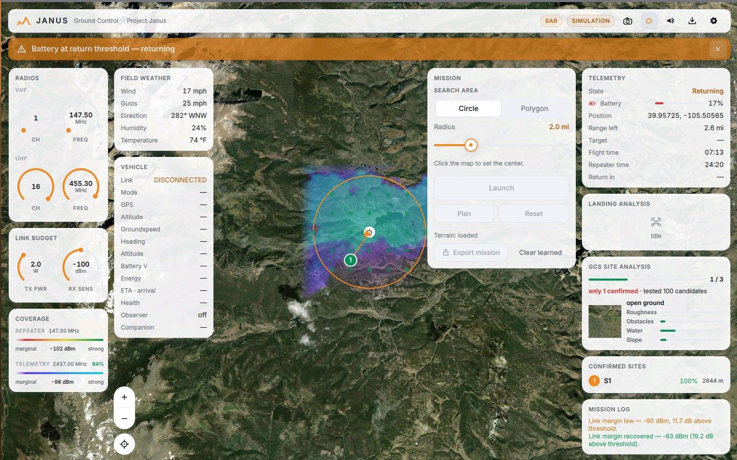 An orange alert banner warning that the battery has reached the return threshold while the drone flies its return leg home at 17% battery