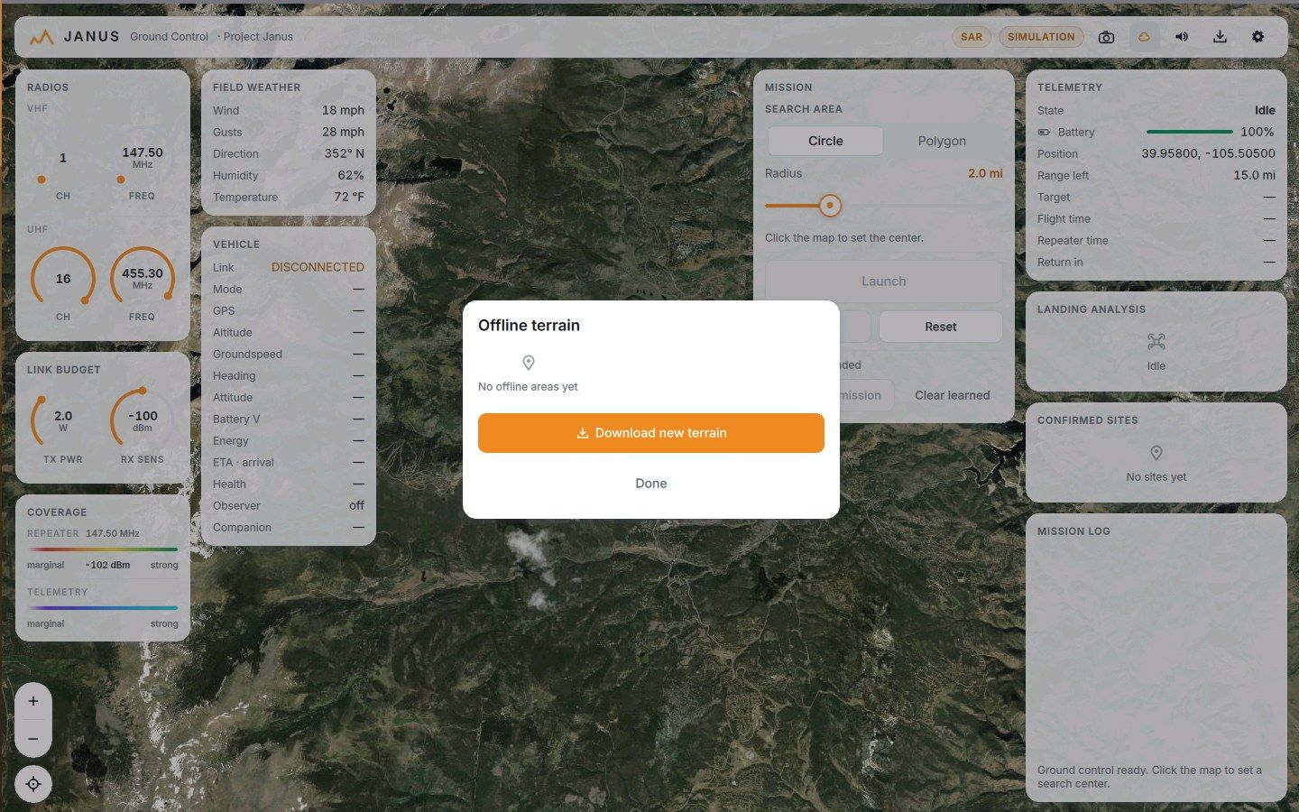 The offline terrain manager dialog, ready to download a new area for offline use