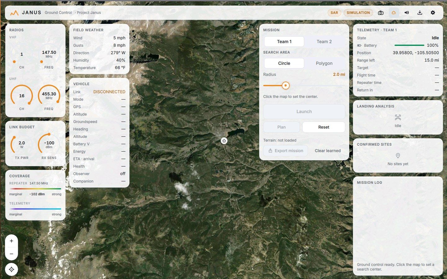 Two team tabs in the mission dock, each with its own aircraft and telemetry