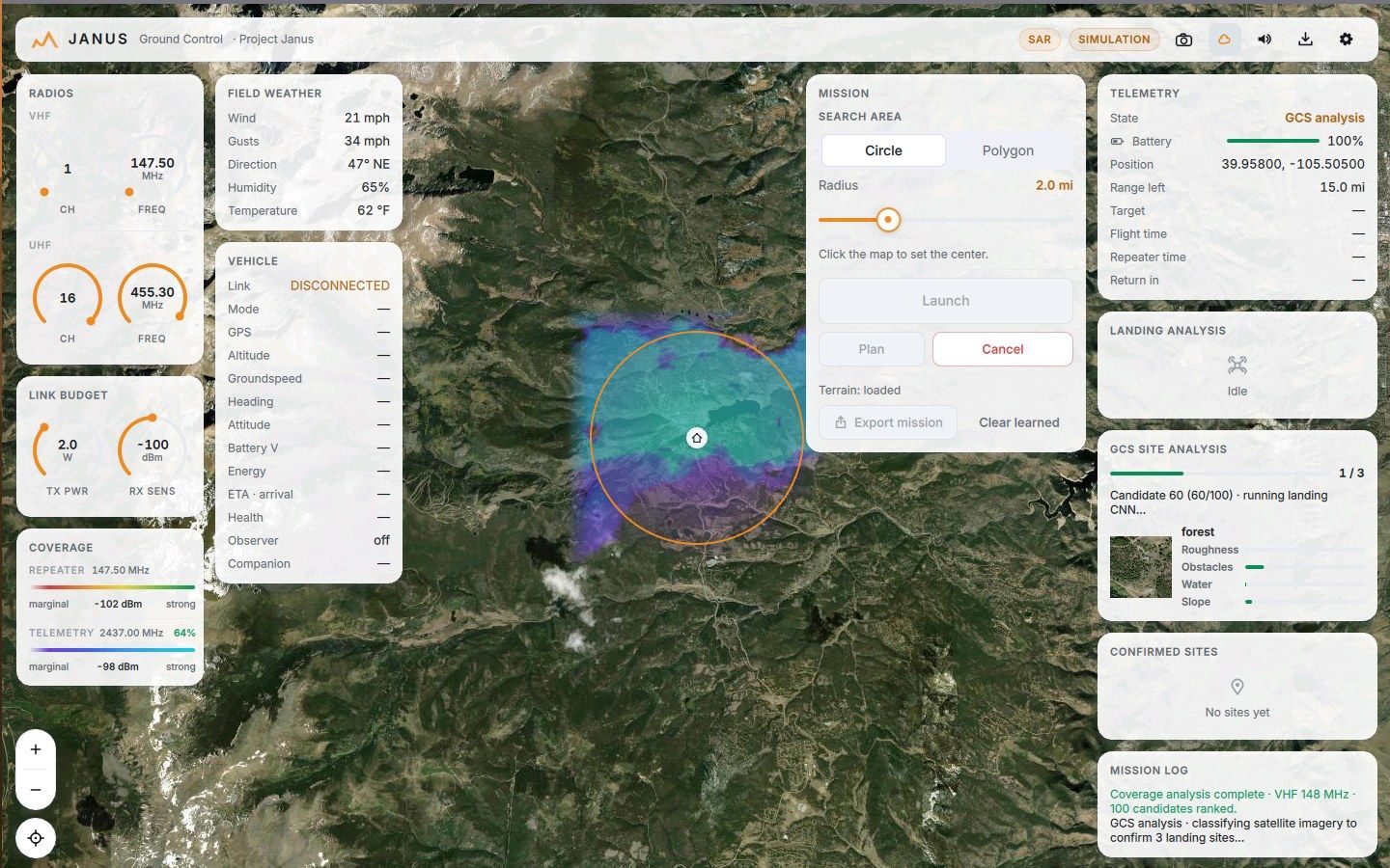 GCS site analysis running: the landing CNN classifying a satellite image patch of forest, with roughness, obstacle, water and slope bars beside it