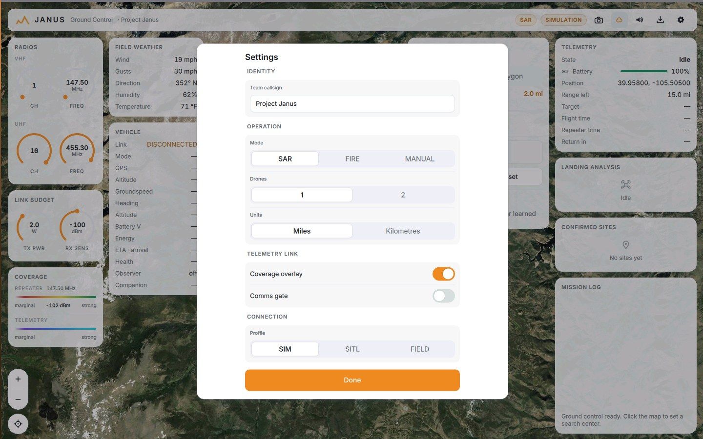The settings dialog with SIM, SITL and FIELD connection profiles
